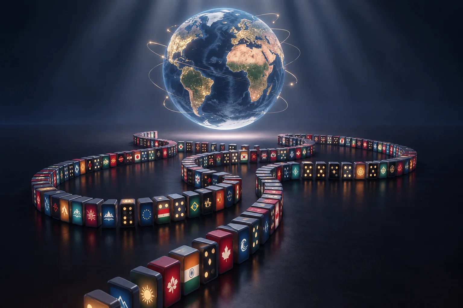 Glowing Earth above the worldwide 1 Million Dominoes chain